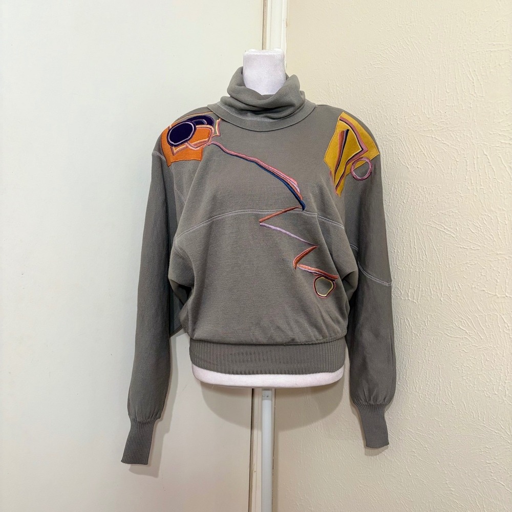 90s Marc D'Alcy Grey Abstract Geometric Wool Turtleneck Sweater Vintage Retro M